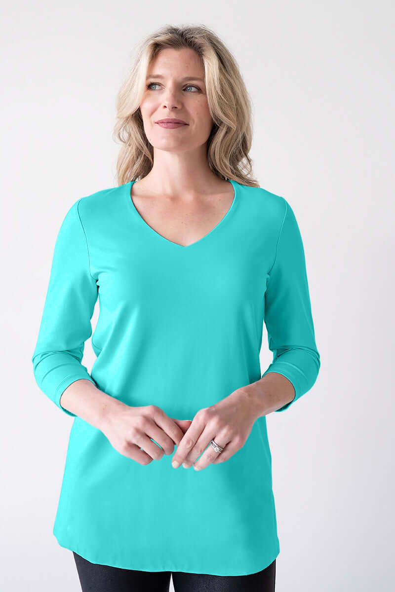Turquoise V-Neck 3/4 Sleeve Tunic Front View - Wrinkle-Free | JudyP Apparel