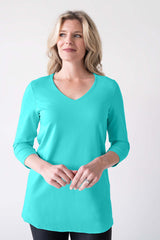 Turquoise V-Neck 3/4 Sleeve Tunic Front View - Wrinkle-Free | JudyP Apparel
