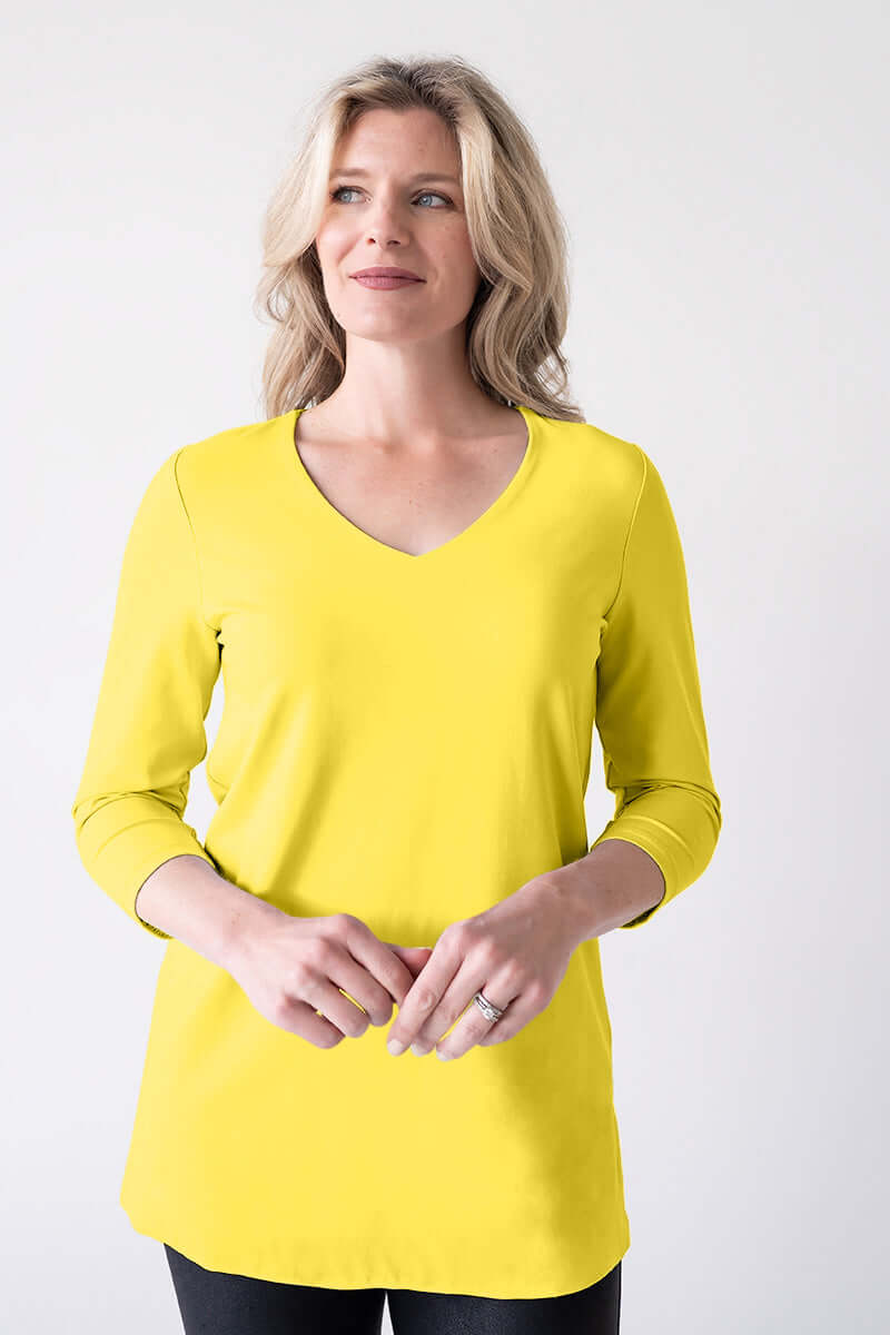 Chartreuse V-Neck 3/4 Sleeve Tunic Front View - UPF 50 | JudyP Apparel