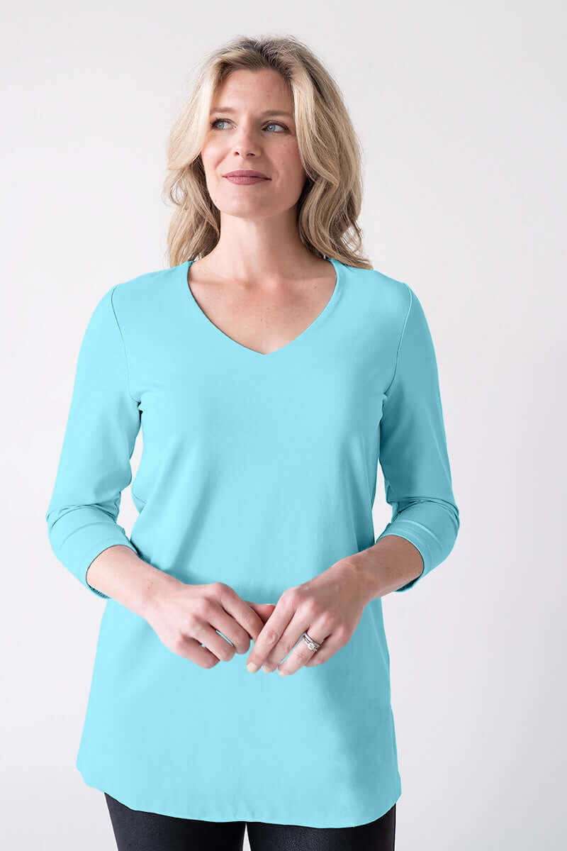Turquoise V-Neck 3/4 Sleeve Tunic Front View - Made in USA | JudyP Apparel