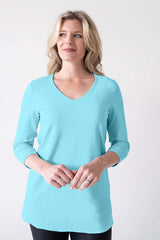 Turquoise V-Neck 3/4 Sleeve Tunic Front View - Made in USA | JudyP Apparel