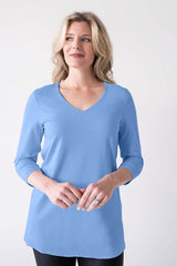 Cerulean V-Neck 3/4 Sleeve Tunic Front View - Travel Clothing | JudyP Apparel