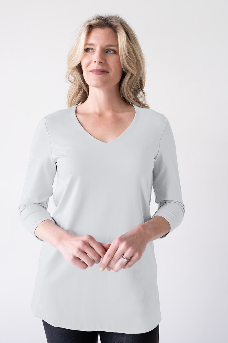 Pearl V-Neck 3/4 Sleeve Tunic Front View - Made in USA | JudyP Apparel