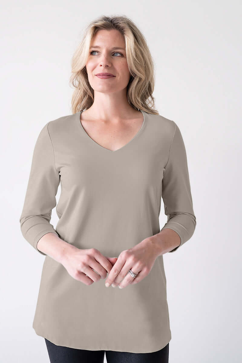 Khaki V-Neck 3/4 Sleeve Tunic Front View - Made in USA | JudyP Apparel