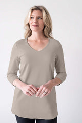 Khaki V-Neck 3/4 Sleeve Tunic Front View - Made in USA | JudyP Apparel