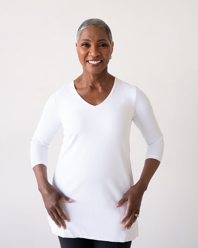 Sandra V-Neck 3/4 Sleeve Tunic in White — JudyP Apparel