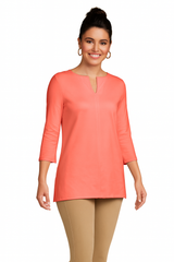 Coral V-Neck 3/4 Sleeve Tunic Front - Flattering Fit | JudyP Apparel