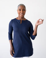 Navy Split-Neck 3/4 Sleeve Tunic Front View - Elevated Basic | JudyP Apparel