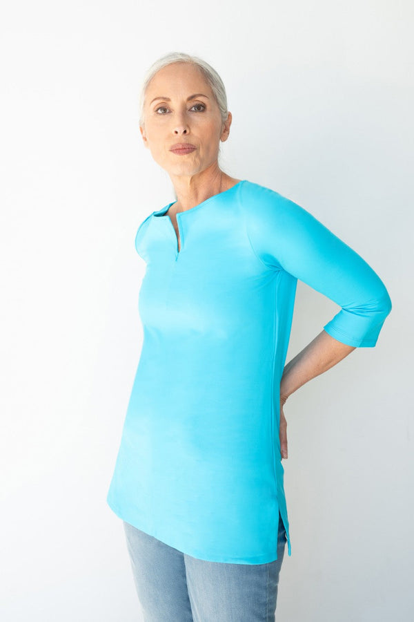 Turquoise V-Neck 3/4 Sleeve Tunic Angled View - UPF 50 | JudyP Apparel