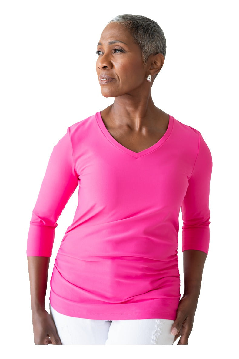 Rachel V-Neck 3/4 Sleeve Ruched Top in Bougainvillea