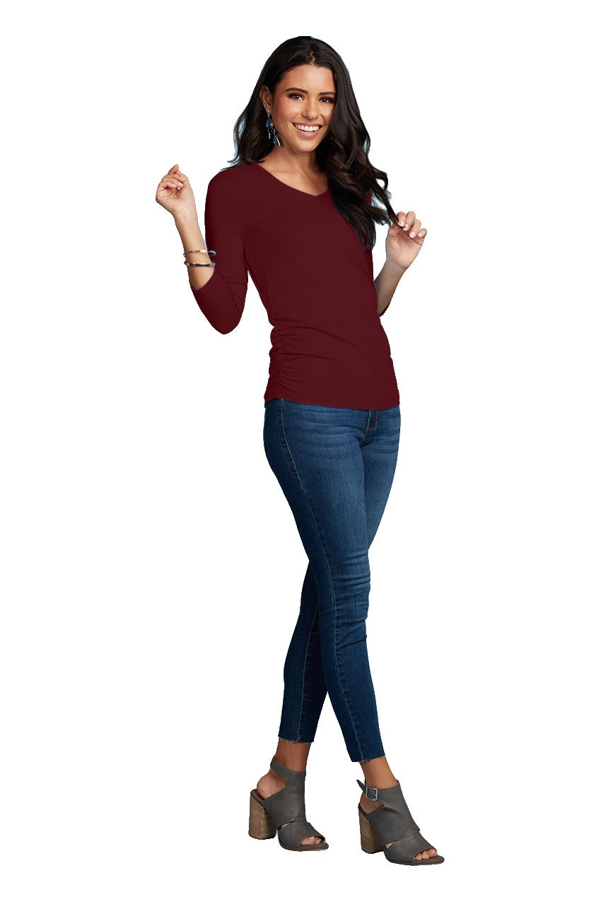 Rachel V-Neck 3/4 Sleeve Ruched Top in Burgundy