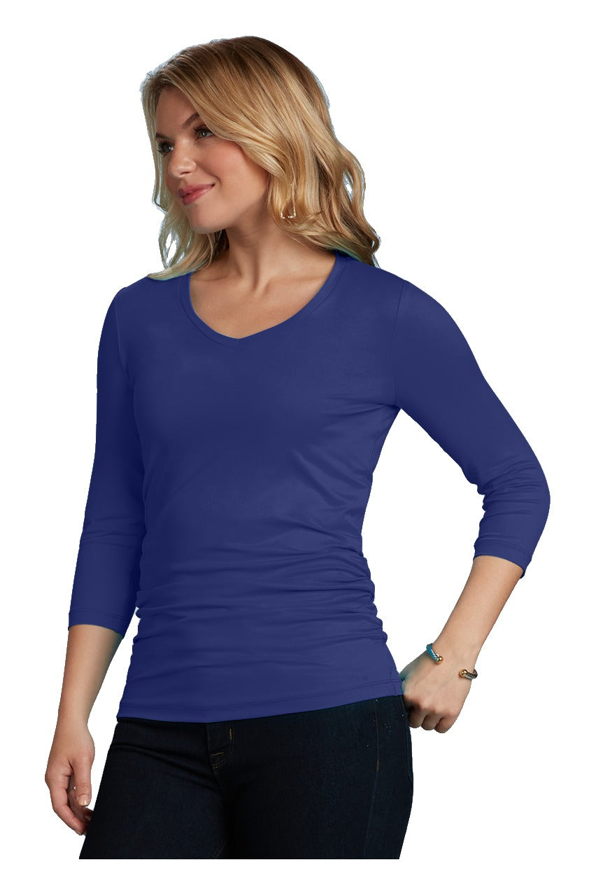 Rachel V-Neck 3/4 Sleeve Ruched Top in Mazarine