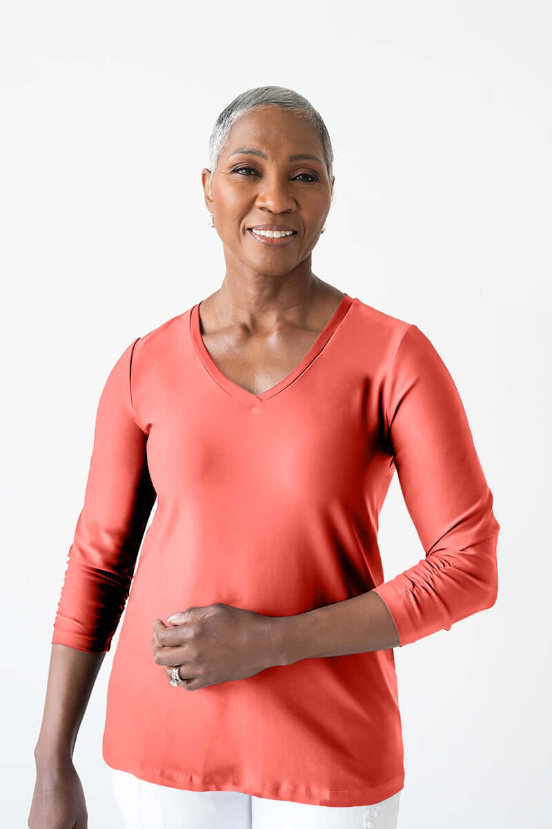 Coral V-Neck 3/4 Sleeve Top Angled View - Made in USA | JudyP Apparel