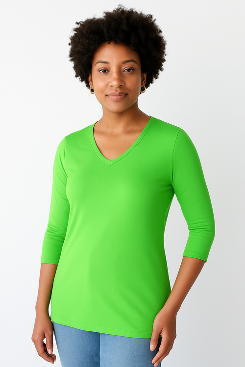 Fern V-Neck 3/4 Sleeve Top Front View - Machine Washable | JudyP Apparel