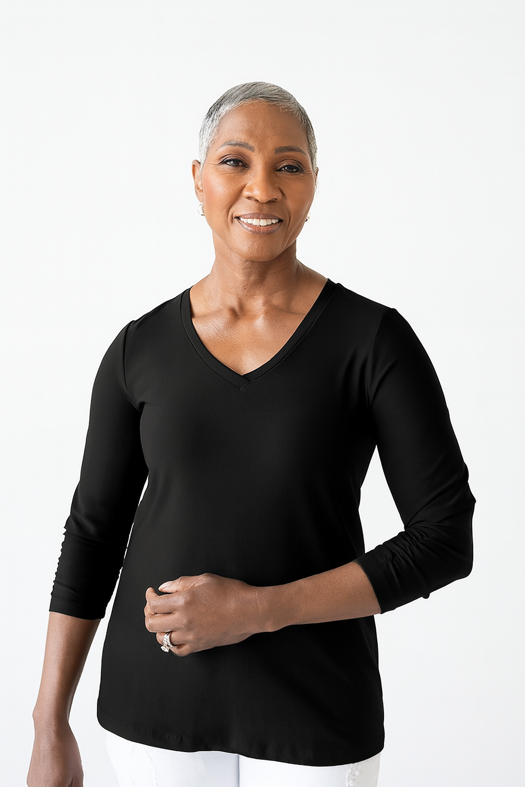 Black V-Neck 3/4 Sleeve Top Angled View - Flattering Fit | JudyP Apparel