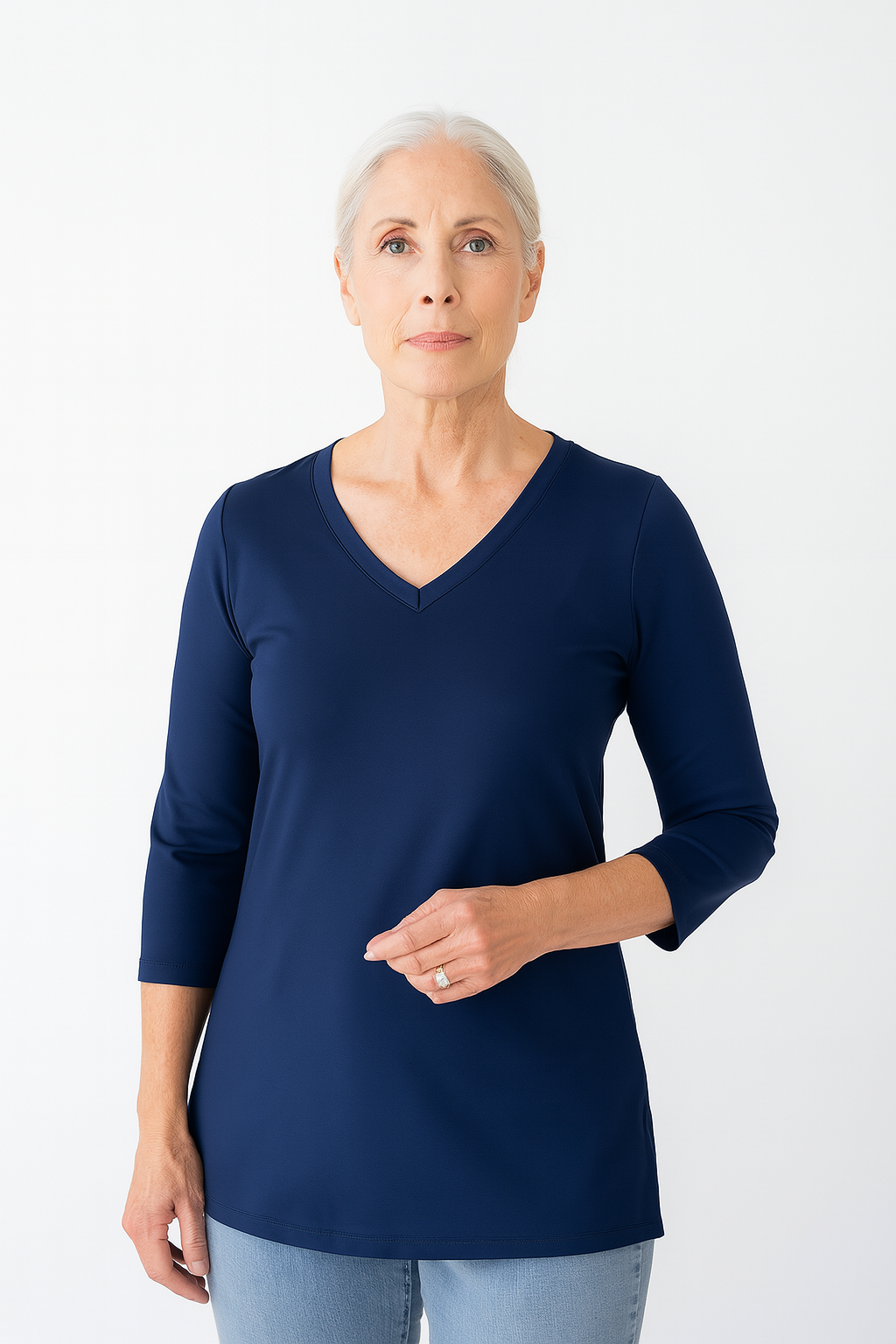 Navy V-Neck 3/4 Sleeve Tunic Front View - Travel Clothing | JudyP Apparel