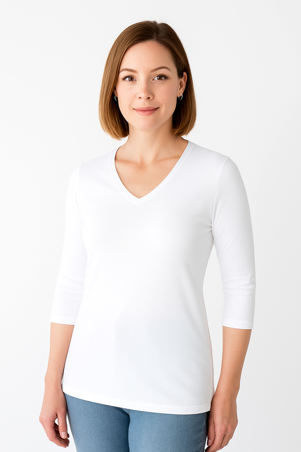 White V-Neck 3/4 Sleeve Top Front View - Moisture Wicking | JudyP Apparel