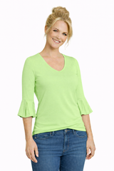 Chartreuse V-Neck 3/4 Sleeve Top Front View - Moisture Wicking | JudyP Apparel