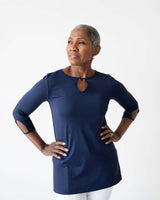 Navy Keyhole Neck 3/4 Sleeve Tunic Front View - Flattering Fit | JudyP Apparel