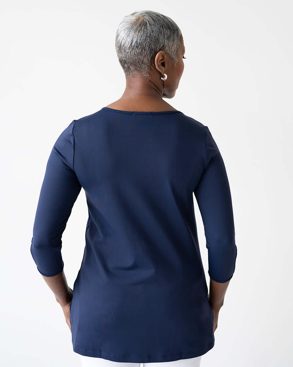 Navy Crewneck 3/4 Sleeve Tunic Back View - Flattering Fit | JudyP Apparel