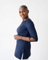 Navy Crewneck 3/4 Sleeve Tunic Side Profile - UPF 50 | JudyP Apparel