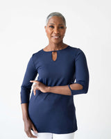 Navy Crewneck 3/4 Sleeve Top Front View - Made in USA | JudyP Apparel