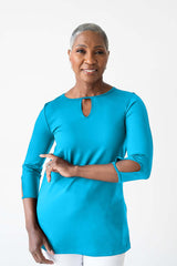 Turquoise Keyhole Neck 3/4 Sleeve Tunic Angled View - Moisture Wicking | JudyP Apparel