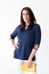 Navy Keyhole Neck 3/4 Sleeve Tunic Front View - Wrinkle-Free | JudyP Apparel