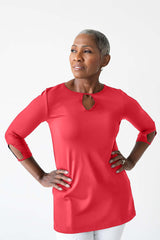 Razzmatazz Keyhole Neck 3/4 Sleeve Tunic Front View - UPF 50 | JudyP Apparel