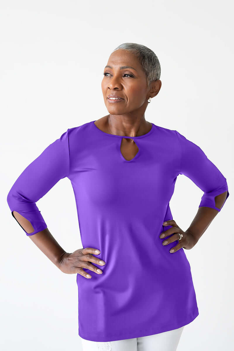 Imperial Purple Keyhole Neck 3/4 Sleeve Tunic Front View - UPF 50 | JudyP Apparel
