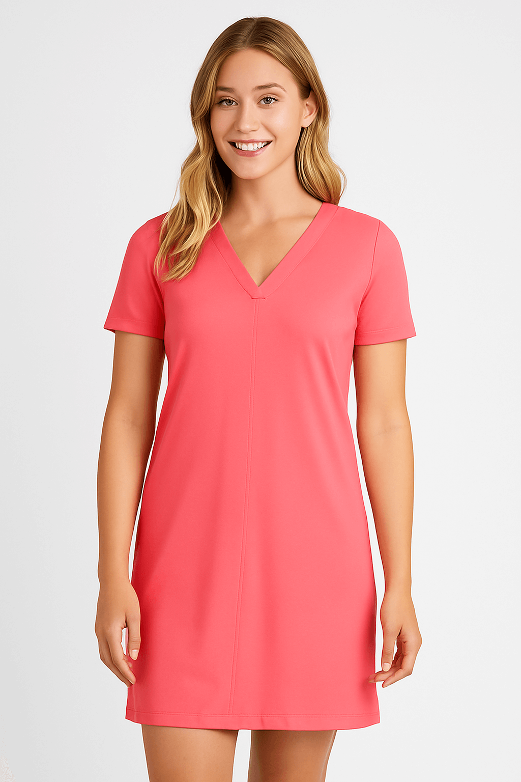 Coral V-Neck Short Sleeve Dress Front View - Wrinkle-Free | JudyP Apparel