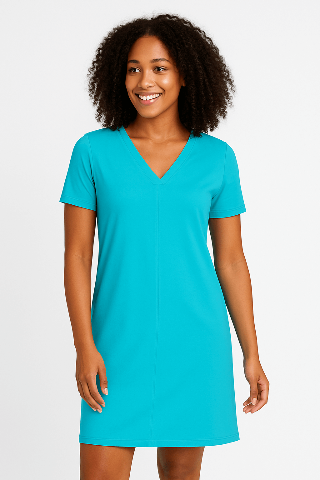 Turquoise V-Neck Short Sleeve Dress Front View - UPF 50 | JudyP Apparel
