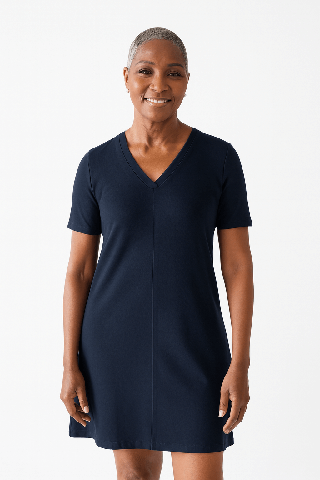 Navy V-Neck Short Sleeve Dress Front View - Machine Washable | JudyP Apparel