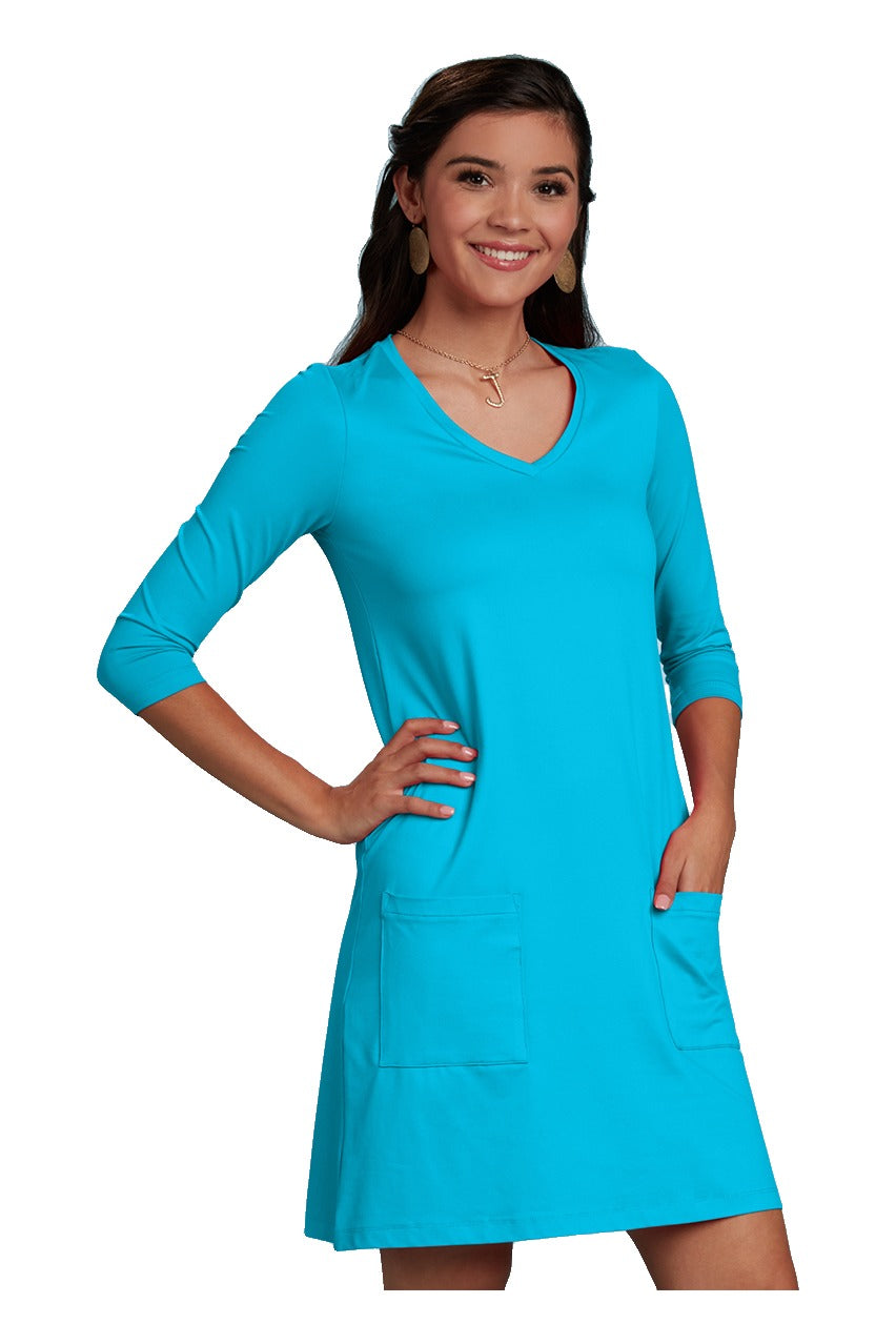Emily V-Neck 3/4 Sleeve Pocket Dress in Eternally Turquoise