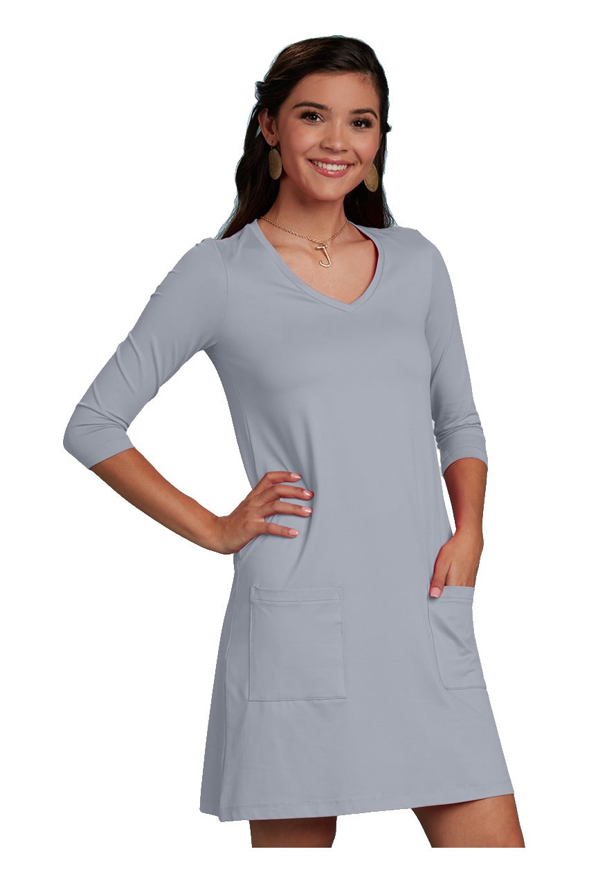 Emily V-Neck 3/4 Sleeve Pocket Dress in Platinum
