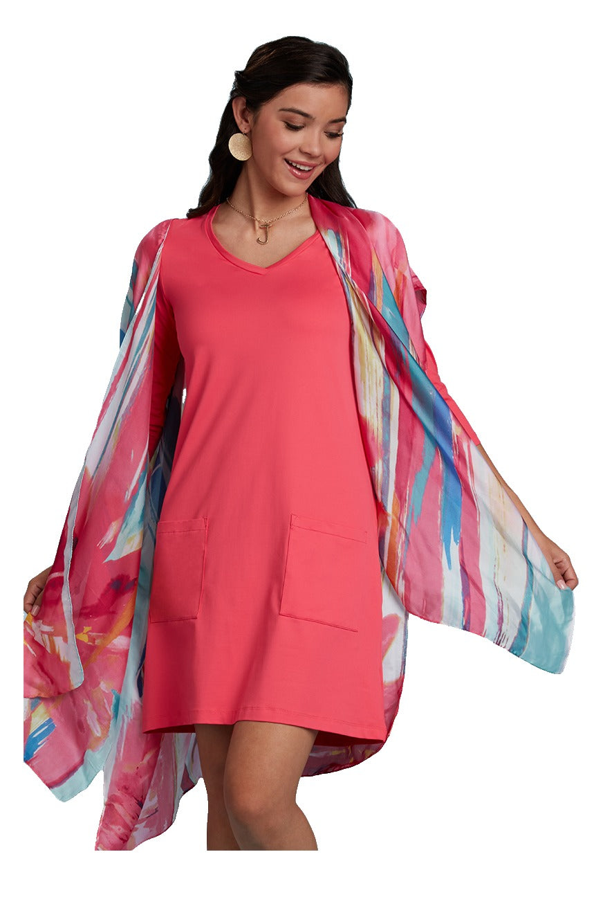 Emily V-Neck 3/4 Sleeve Pocket Dress in Razzmatazz