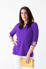 Imperial Purple Crewneck 3/4 Sleeve Tunic Angled View - Flattering Fit | JudyP Apparel
