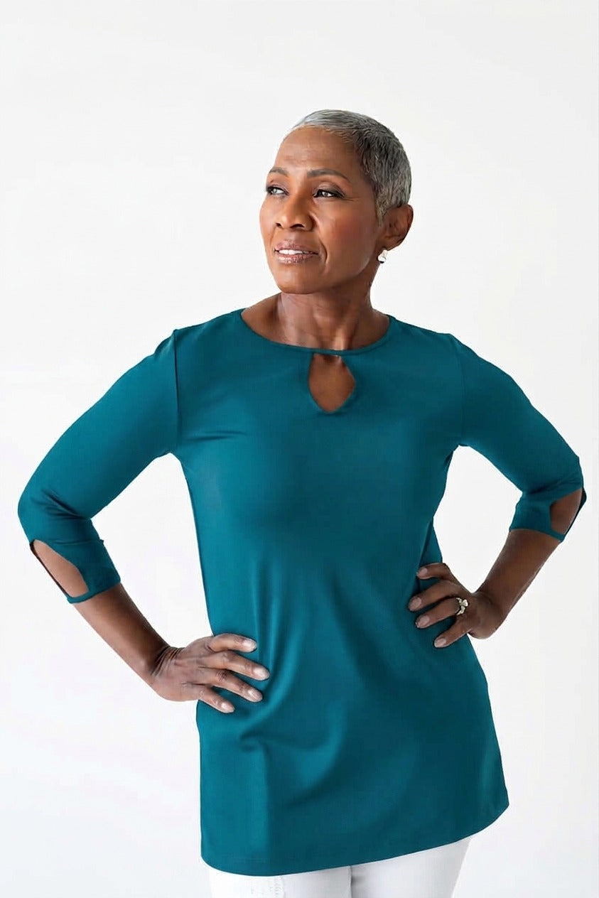Teal Crewneck 3/4 Sleeve Tunic Angled View - Flattering Fit Elevated Basic | JudyP Apparel