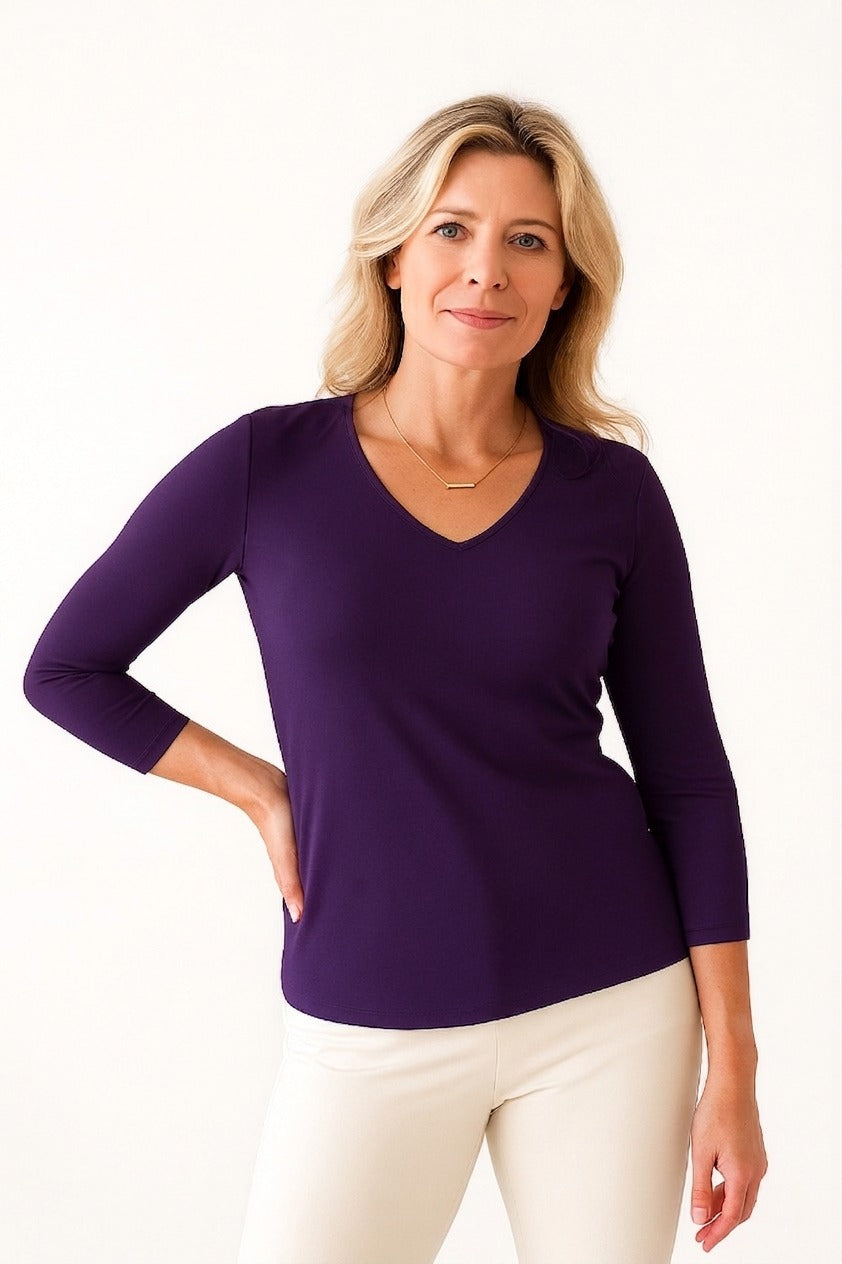 Plum V-Neck 3/4 Sleeve Top Front View - Wrinkle-Free Elevated Basic | JudyP Apparel