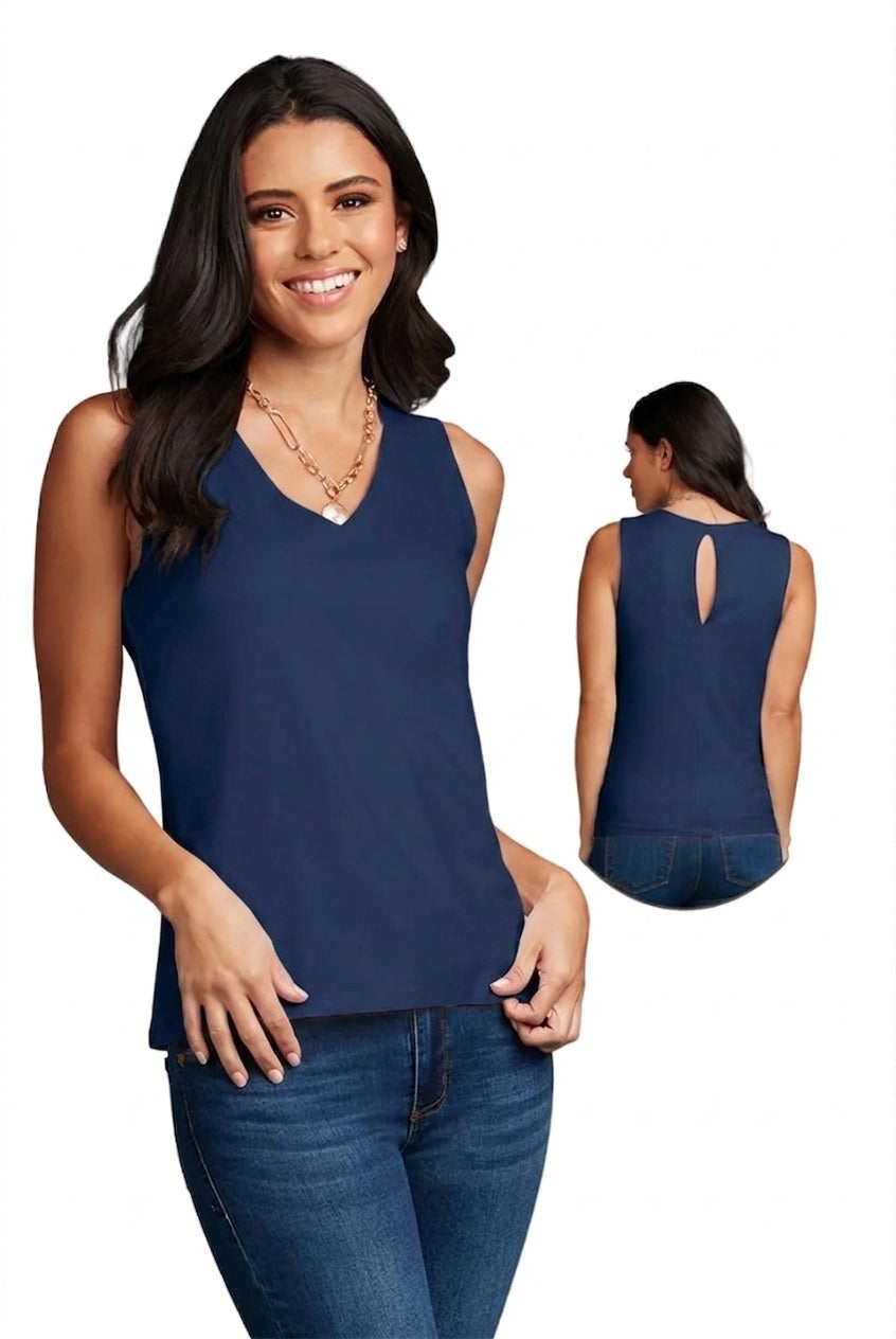 Navy V-Neck Sleeveless Tank Top Front and Back View - Elevated Basic Made in USA | JudyP Apparel
