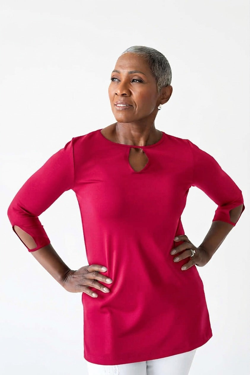 Crimson Crewneck 3/4 Sleeve Tunic Front View - Flattering Fit | JudyP Apparel