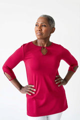 Crimson Crewneck 3/4 Sleeve Tunic Front View - Flattering Fit | JudyP Apparel