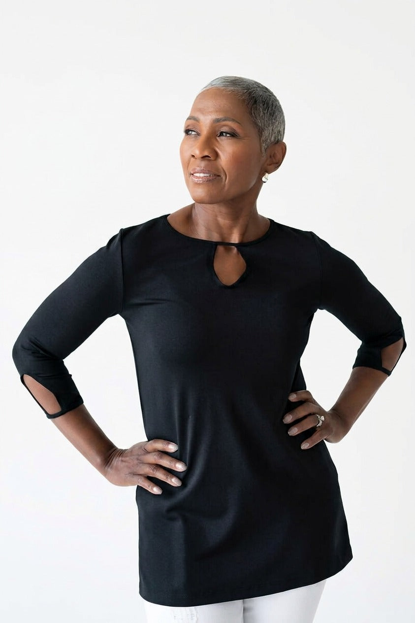 Black Crewneck 3/4 Sleeve Tunic Front View - Wrinkle-Free | JudyP Apparel