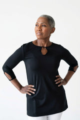 Black Crewneck 3/4 Sleeve Tunic Front View - Wrinkle-Free | JudyP Apparel