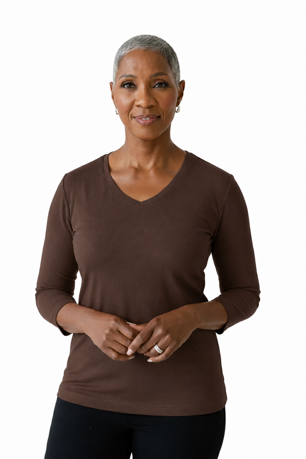 Espresso V-Neck 3/4 Sleeve Top Front View - UPF 50 | JudyP Apparel