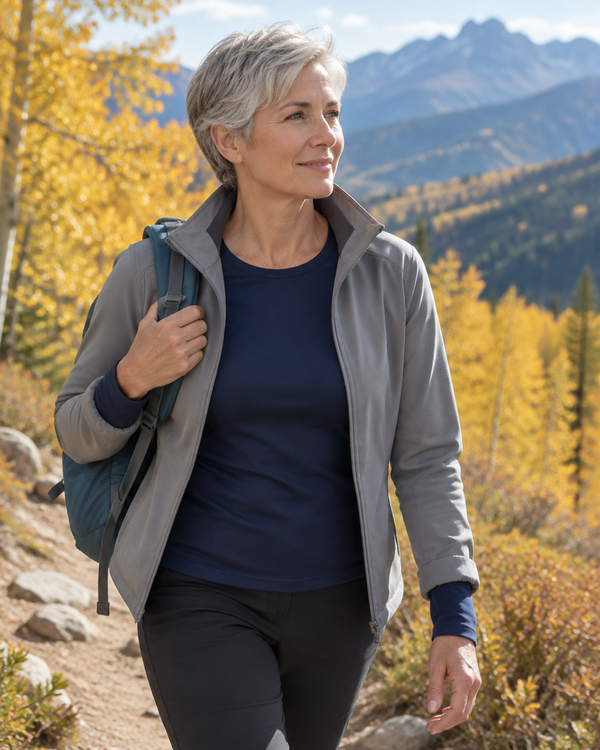 Woman hiking in autumn wearing a JudyP navy long sleeve top under an open softshell
