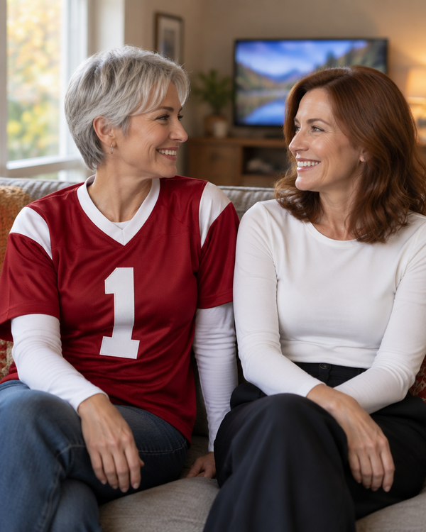 JudyP white long sleeve top worn under a red football jersey