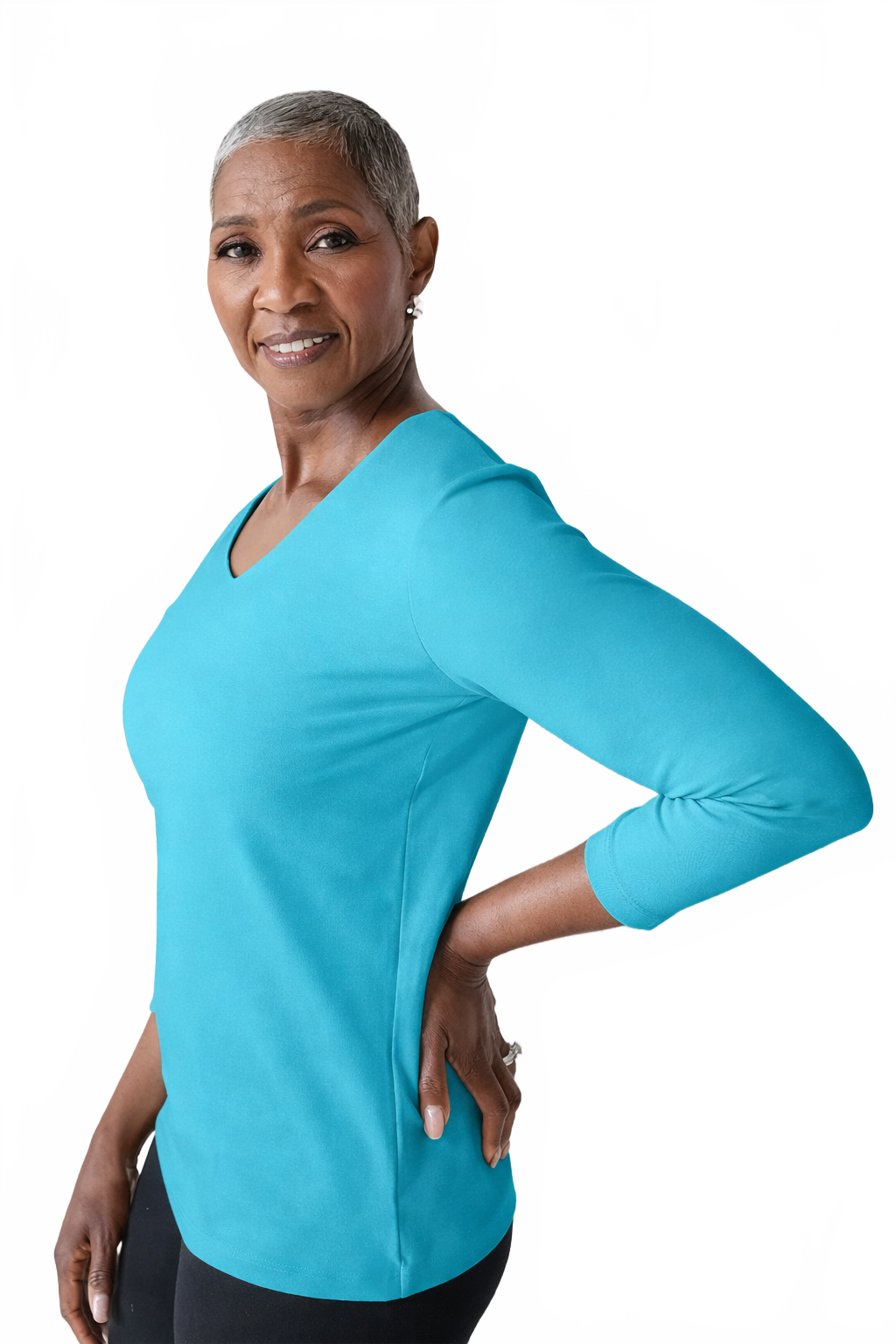 Turquoise V-Neck 3/4 Sleeve Top Angled View - UPF 50 | JudyP Apparel