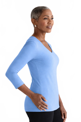 Cerulean V-Neck 3/4 Sleeve Top Side Profile - Flattering Fit | JudyP Apparel
