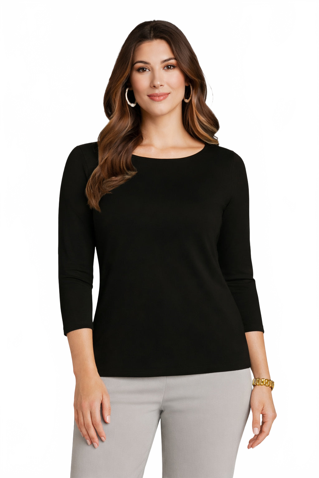 Black Boatneck 3/4 Sleeve Top Front View - UPF 50 | JudyP Apparel